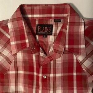 Men's Plains Western Wear Snap Short Shirt L Red Brown Plaid Vintage Y2K Western